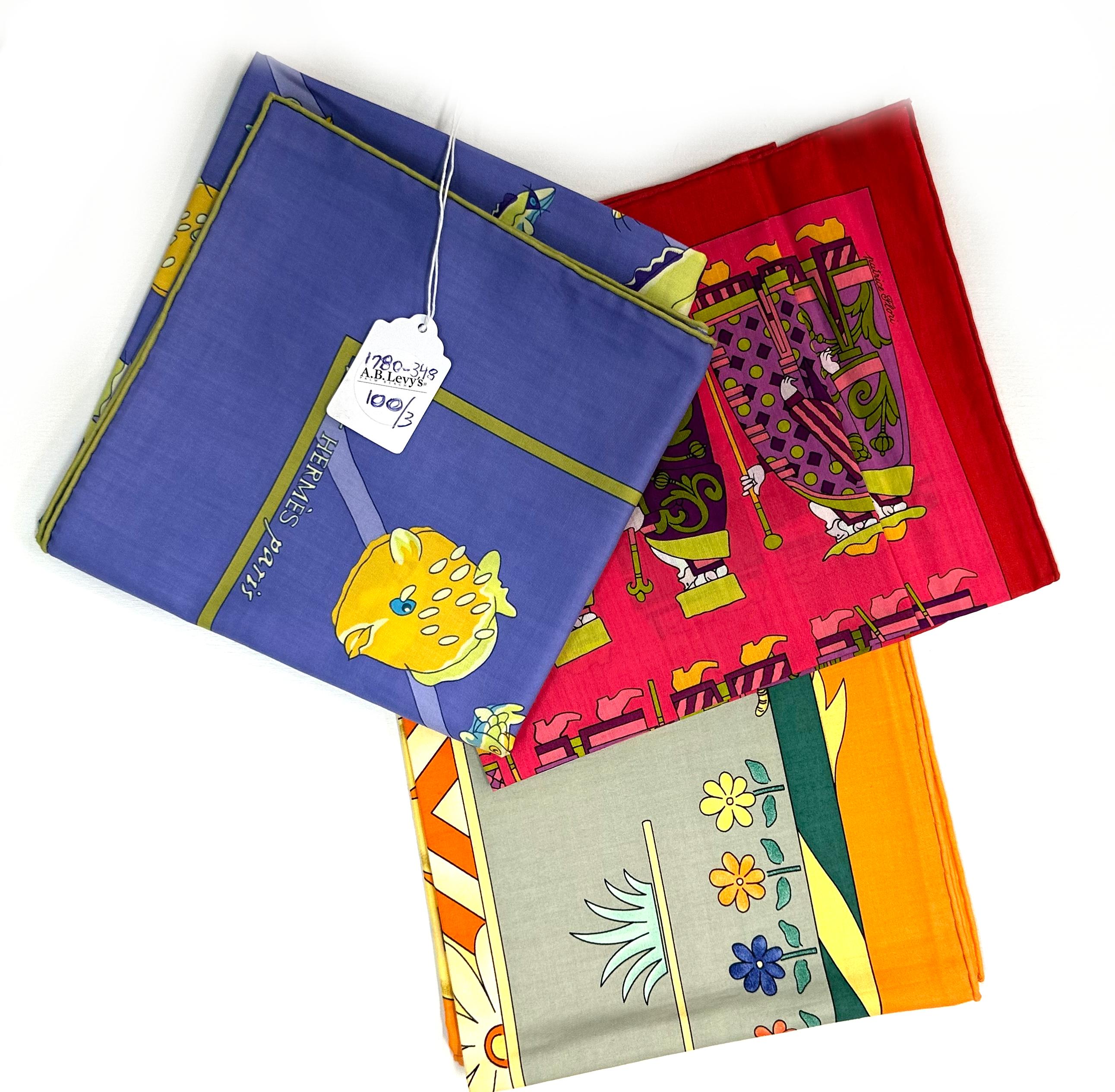 
Three Hermes Cotton Scarves
Comprising, Le Printemps, Au Clair de la Mer, and another depicting a parade of Russian nobleman. 26.5 by 26.5 in.
Condition Report
Good condition.