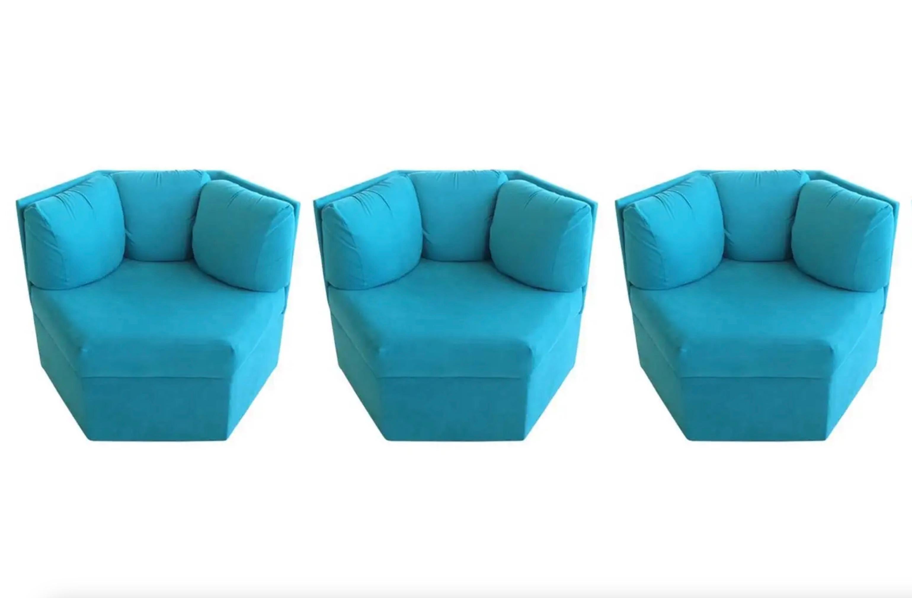 Three Milo Baughman for Thayer Coggin hexagonal swivel club chairs upholstered in turquoise/teal ultra suede. 
Like brand new. 
Attached triple back cushions and attached seat cushion.
360 degree swivel base.
These three priced individually and can