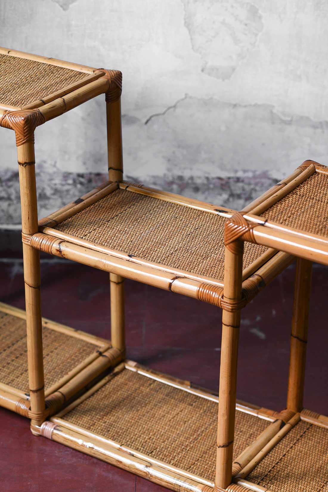 Wicker Three-high Étagère in rush and wicker, Italy 1980 For Sale