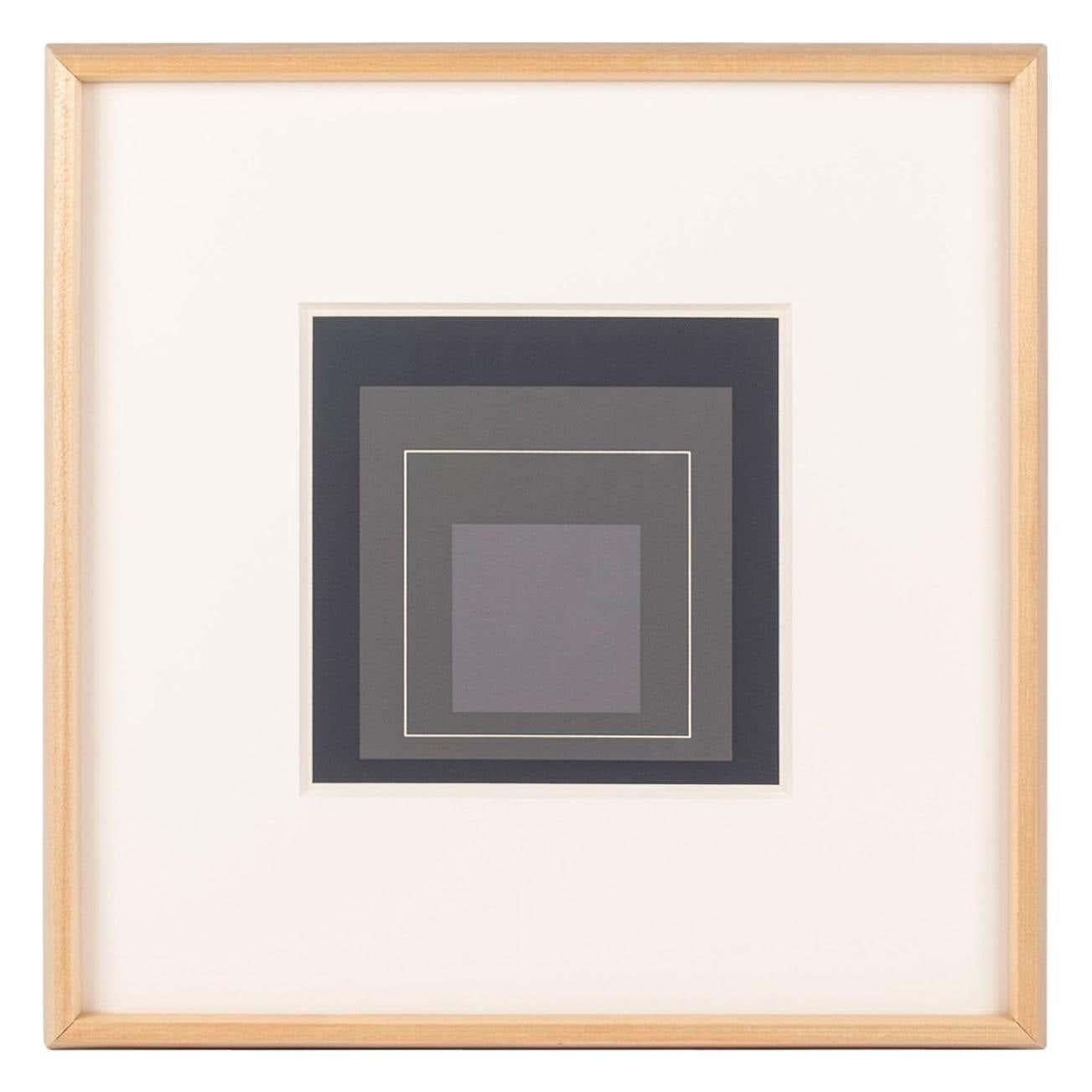 Three Homage to the square serigraphs by Josef Albers: original midcentury silk screen prints (Starnberg: Josef Keller Verlag, 1968) by Josef Albers, (1888-1976). Matte window is 9 inches by 9 inches. Framed in unfinished maple using acid-free