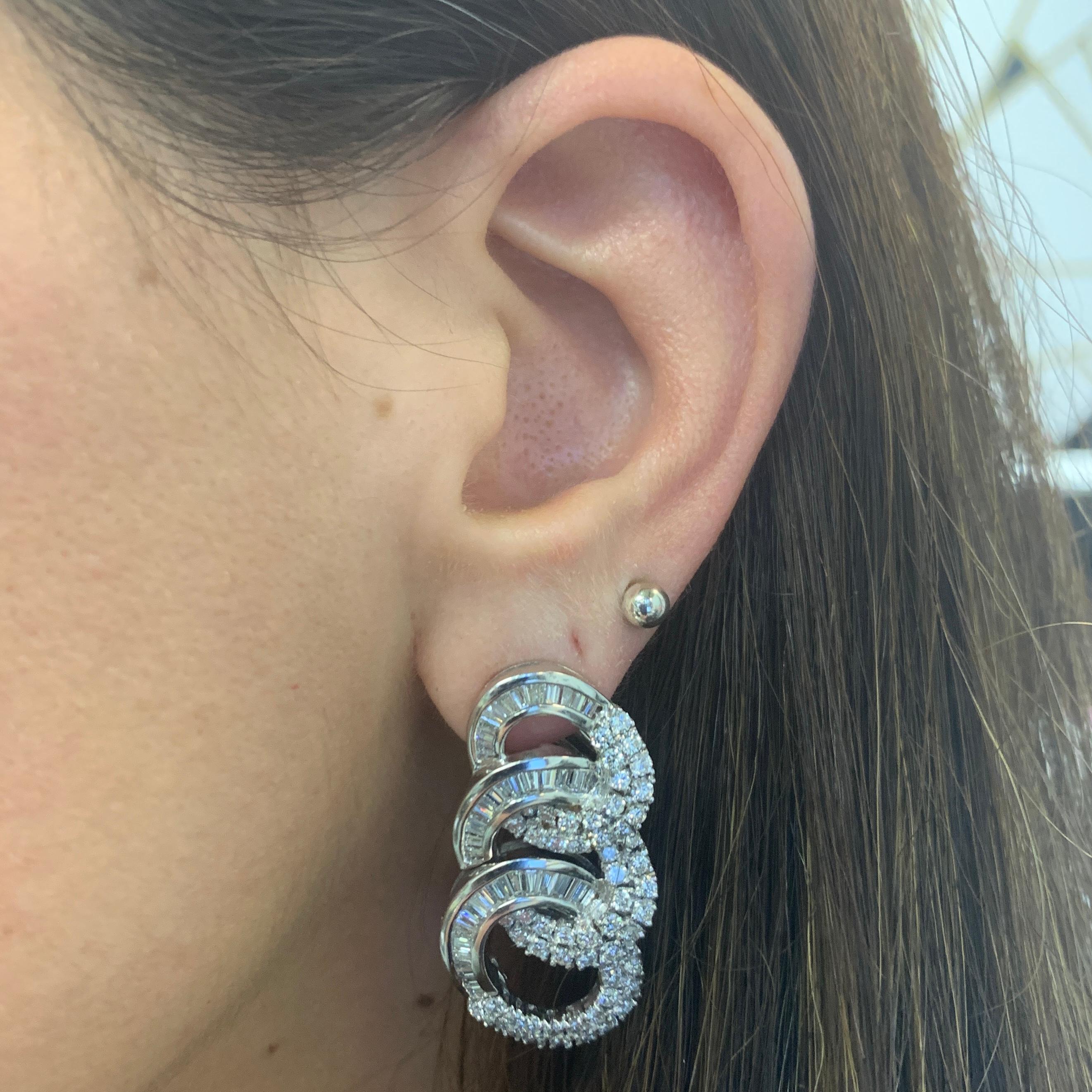 Round Cut Three Hoop Diamond Earrings For Sale