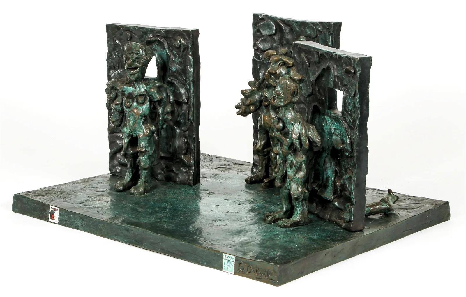 Three human bird figures (1984), cast and welded bronze and leather signed by the artist, Bob La Bobgah, front right edge of the base.
 