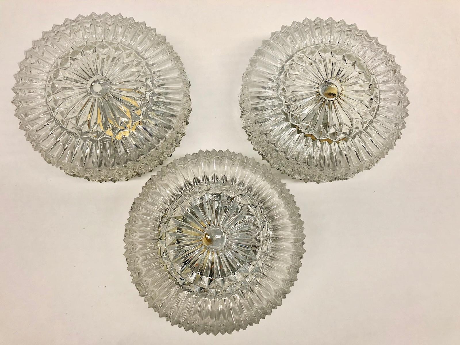 Three beautiful flush mount. Made in Italy. Gorgeous textured glass Flush mount with metal fixture. Each fixture requires one European E27 Edison or medium bulb up to 60 watts.