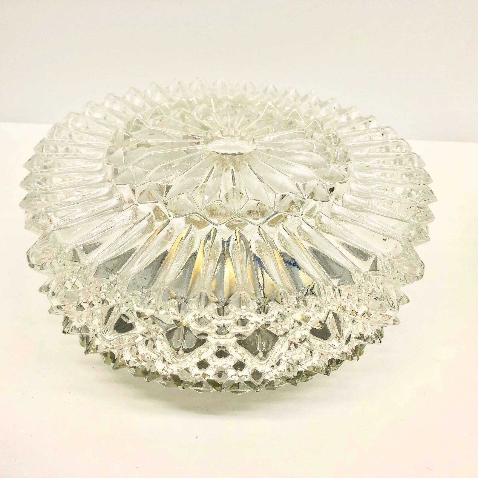 Italian Three Ice Pattern Clear Glass Flush Mount Ceiling Lights, 1960s, Italy