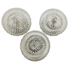Three Ice Pattern Clear Glass Flush Mount Ceiling Lights, 1960s, Italy