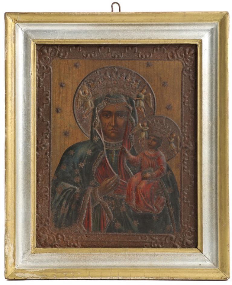 Three icons depicting the Virgin Mother and Child, the one with inscription, and rood screen, Madonna and church exterior. Paint wood, print on repoussé metal plate laid on wooden palte and embossed paper laid on panel, 19th century. Visible size 21