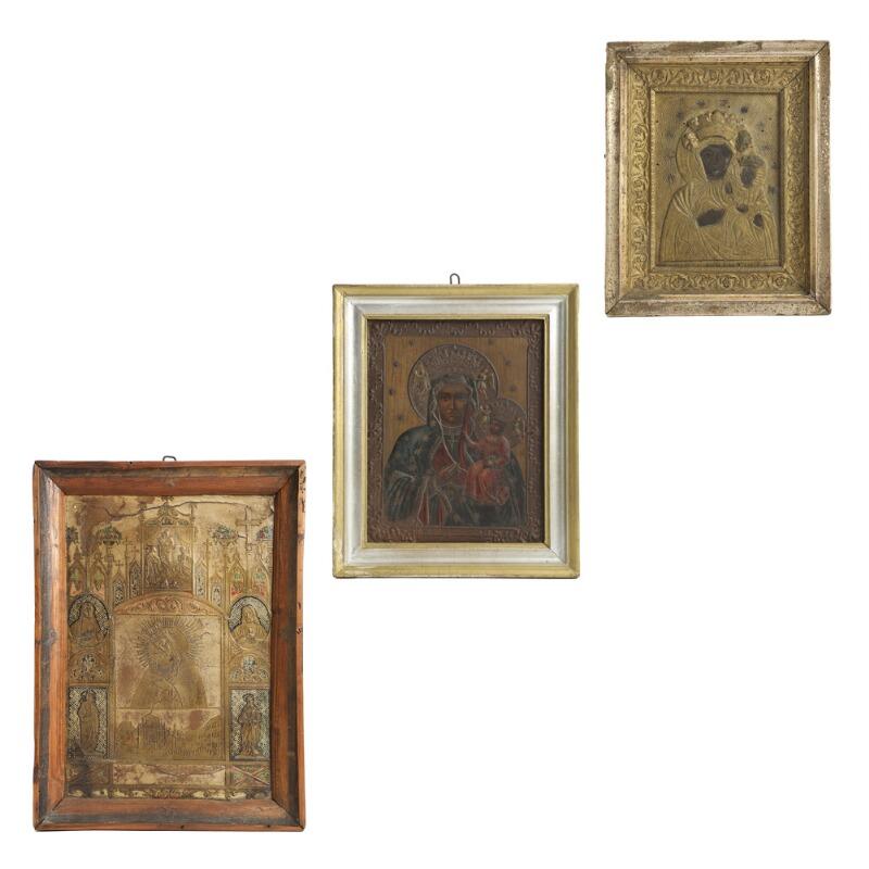 Russian Three Icons Depicting the Virgin Mother and Rood Screen, 19th Century For Sale
