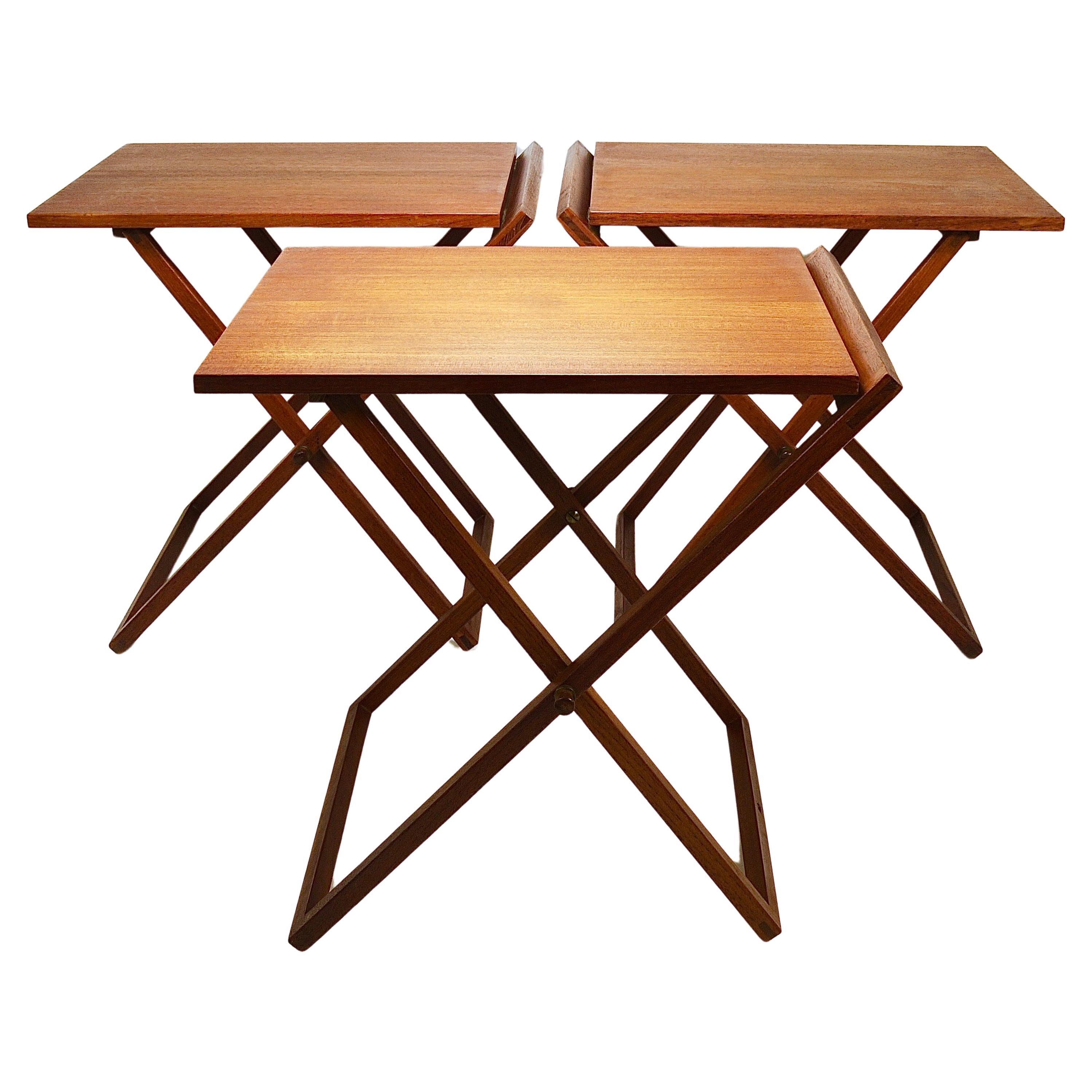 Three Illum Wikkelso Danish Modern Teak Folding Tables, Silkeborg Denmark, 1960s For Sale