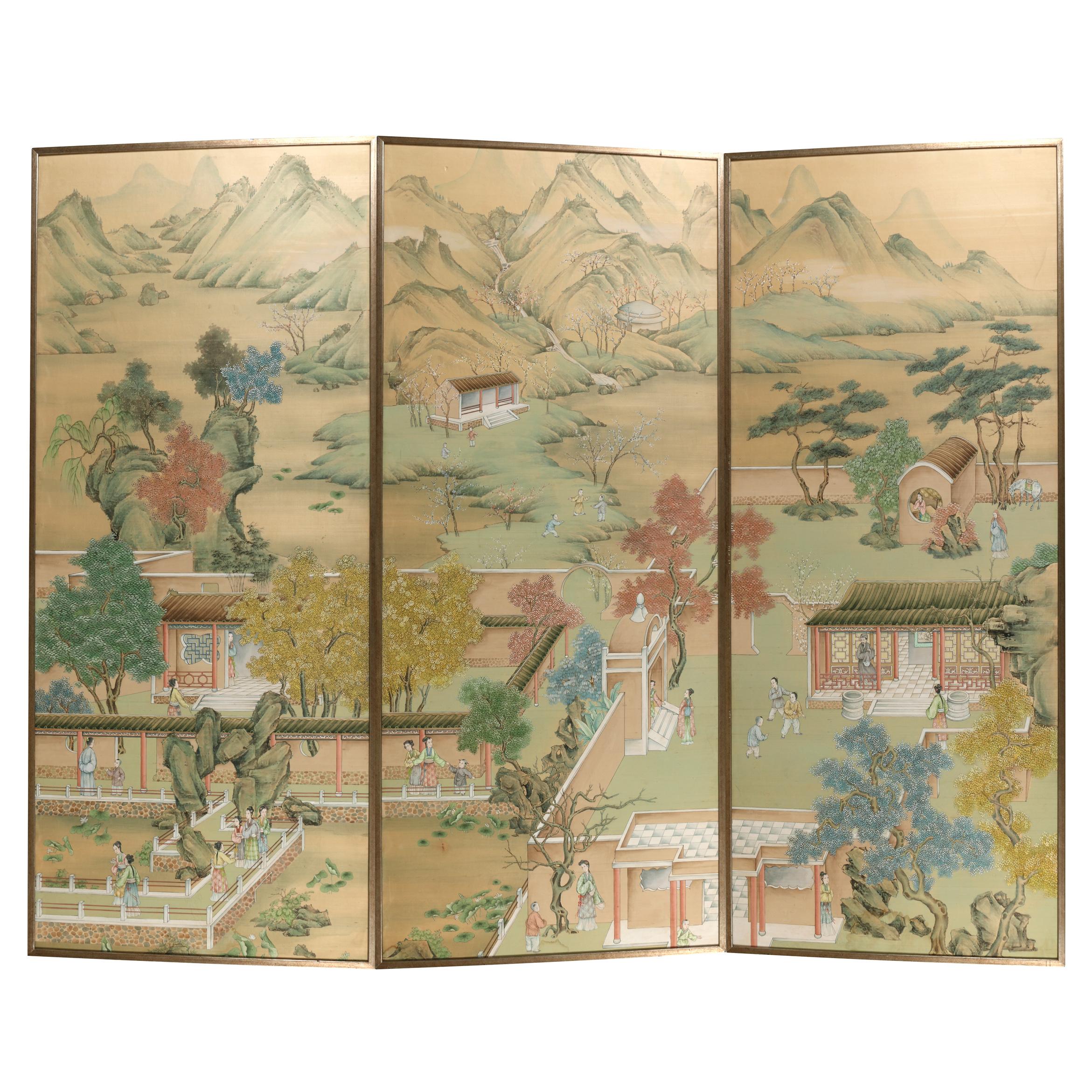 Hand-Painted Three Important Framed Asian Panels