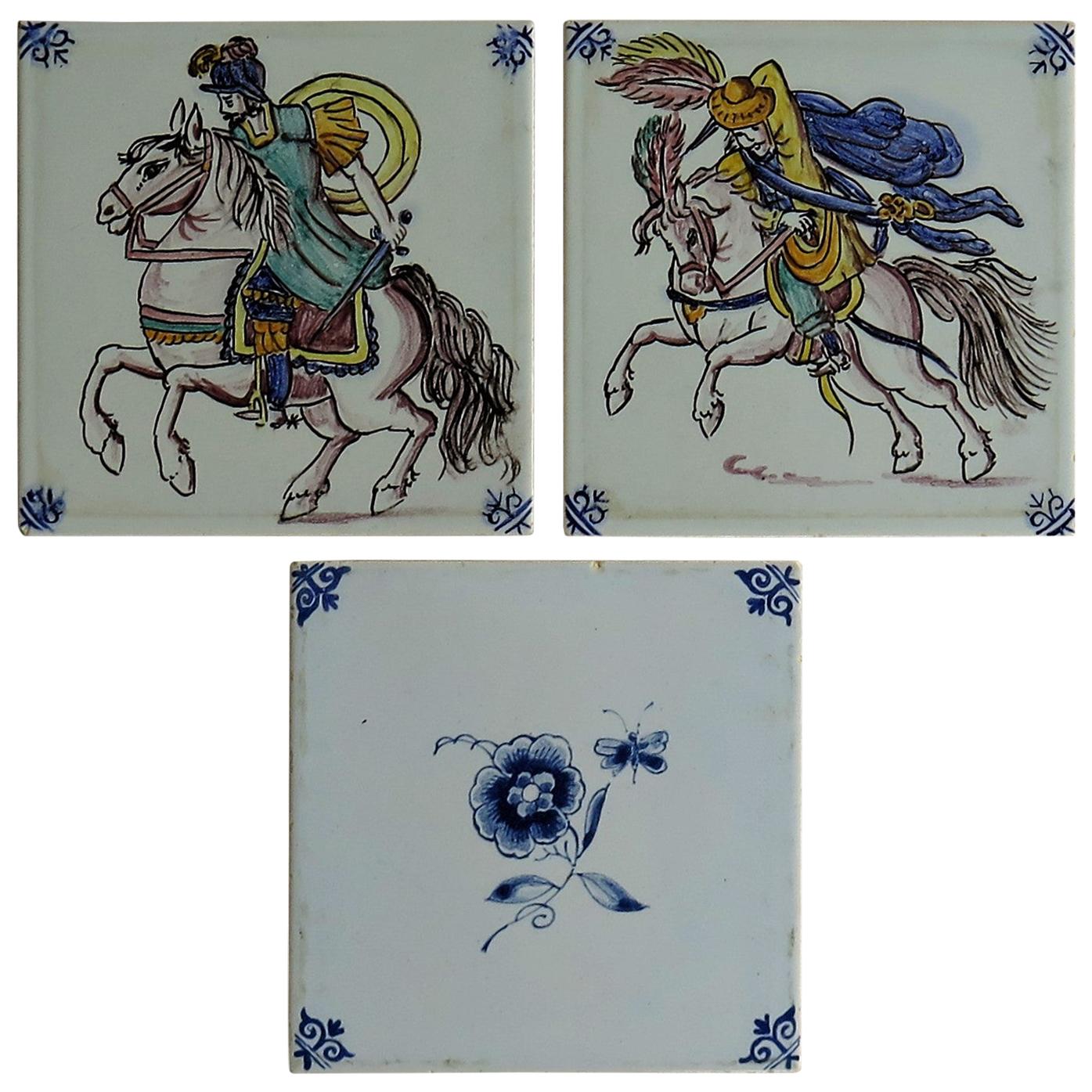 Three Individual Ceramic Delft Wall Tiles Horsemen and Flowers, Mid-20th Century For Sale
