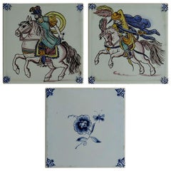 Three Individual Ceramic Delft Wall Tiles Horsemen and Flowers, Mid-20th Century