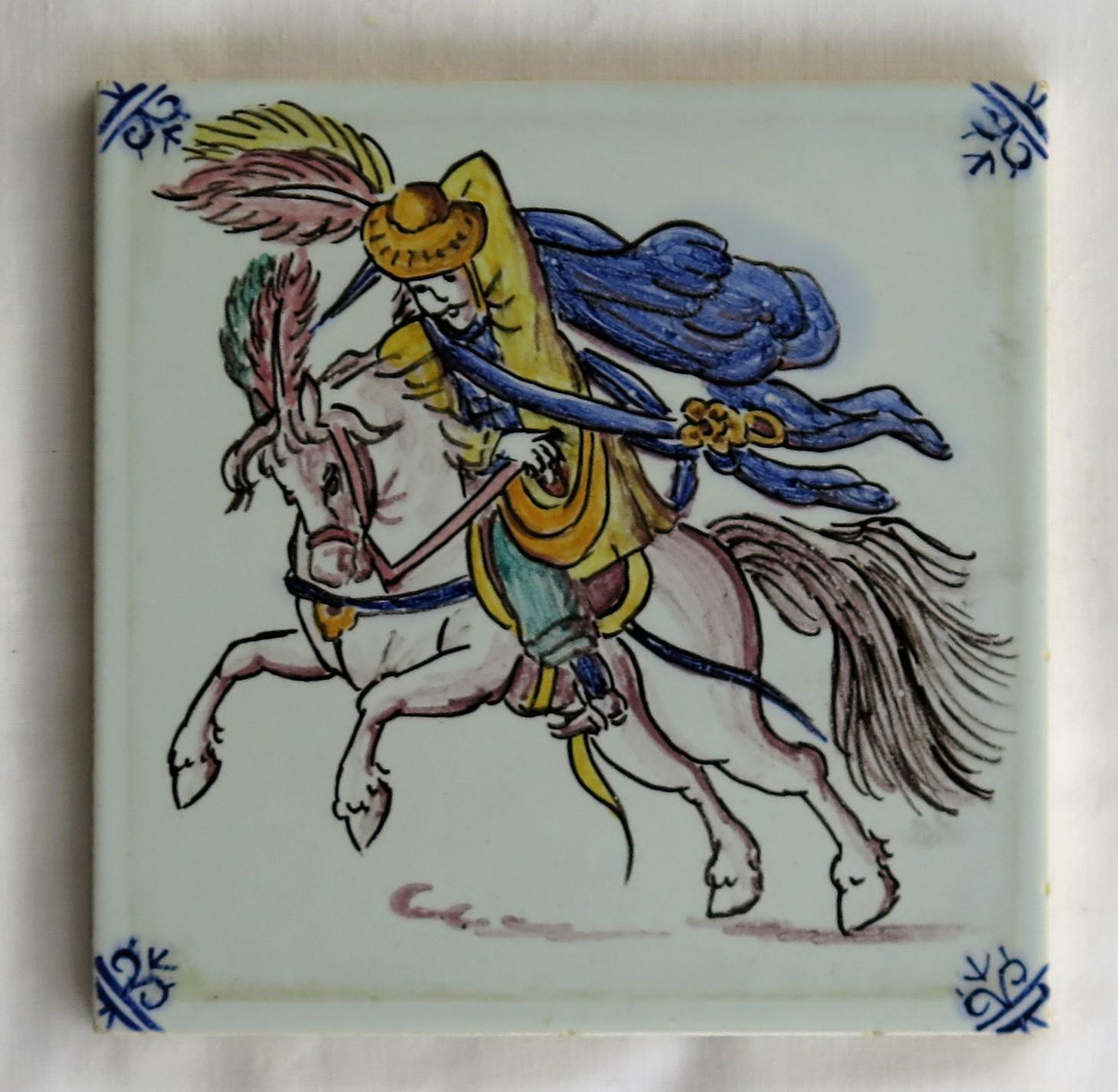 Three Individual Ceramic Delft Wall Tiles Horsemen and Flowers, Mid-20th Century For Sale 5