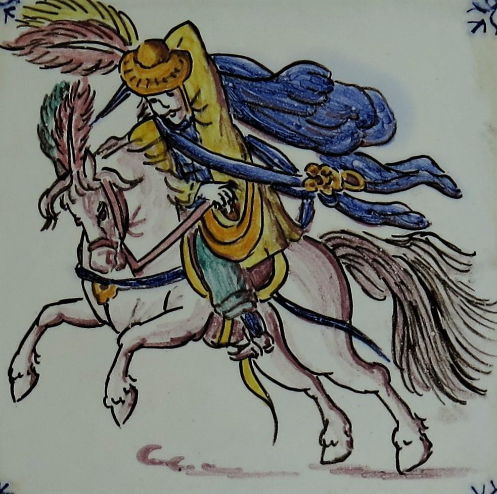 Three Individual Ceramic Delft Wall Tiles Horsemen and Flowers, Mid-20th Century For Sale 6