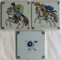 Three Individual Ceramic Delft Wall Tiles Horsemen and Flowers, Mid-20th Century