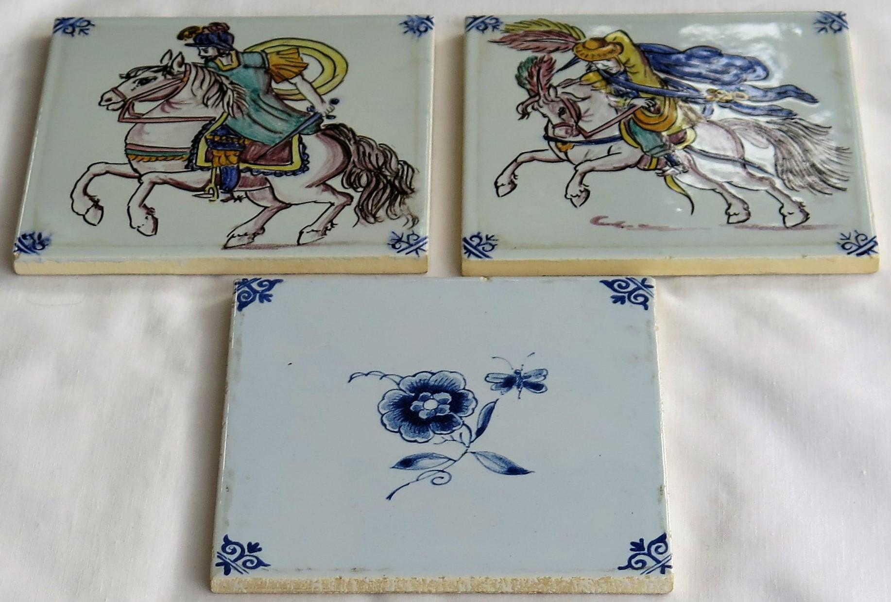 Dutch Colonial Three Individual Ceramic Delft Wall Tiles Horsemen and Flowers, Mid-20th Century For Sale