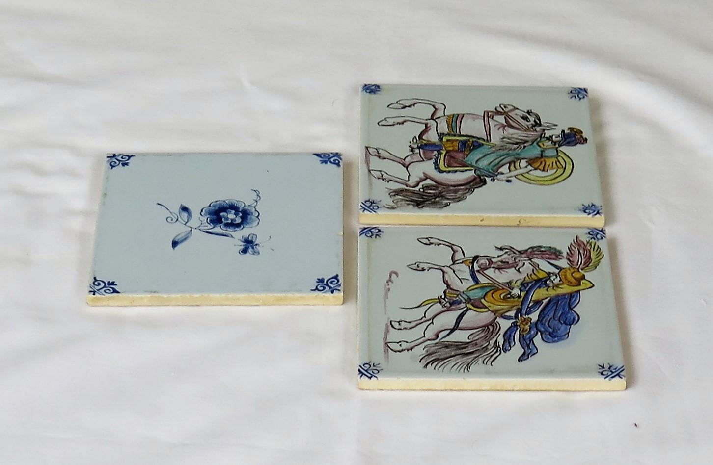 Dutch Three Individual Ceramic Delft Wall Tiles Horsemen and Flowers, Mid-20th Century For Sale