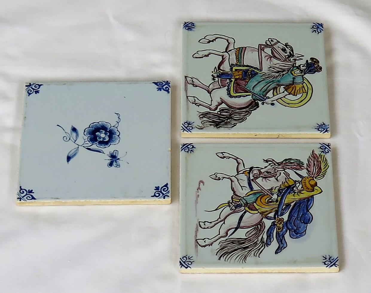 Hand-Painted Three Individual Ceramic Delft Wall Tiles Horsemen and Flowers, Mid-20th Century For Sale