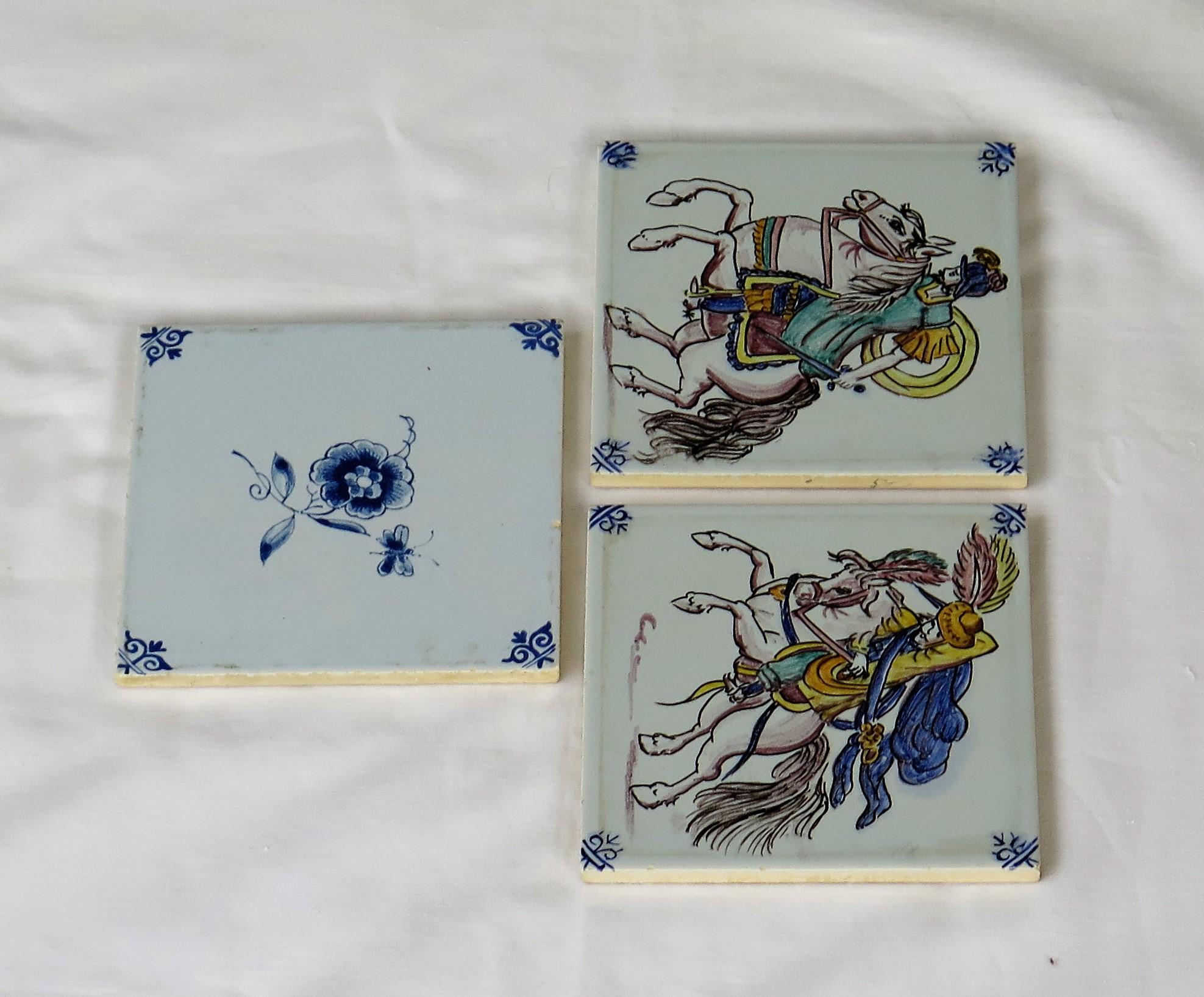 Three Individual Ceramic Delft Wall Tiles Horsemen and Flowers, Mid-20th Century For Sale 1