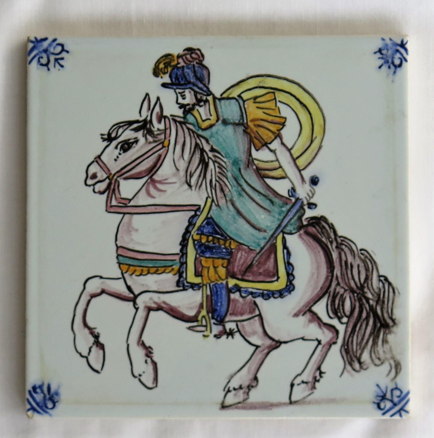 Three Individual Ceramic Delft Wall Tiles Horsemen and Flowers, Mid-20th Century For Sale 3