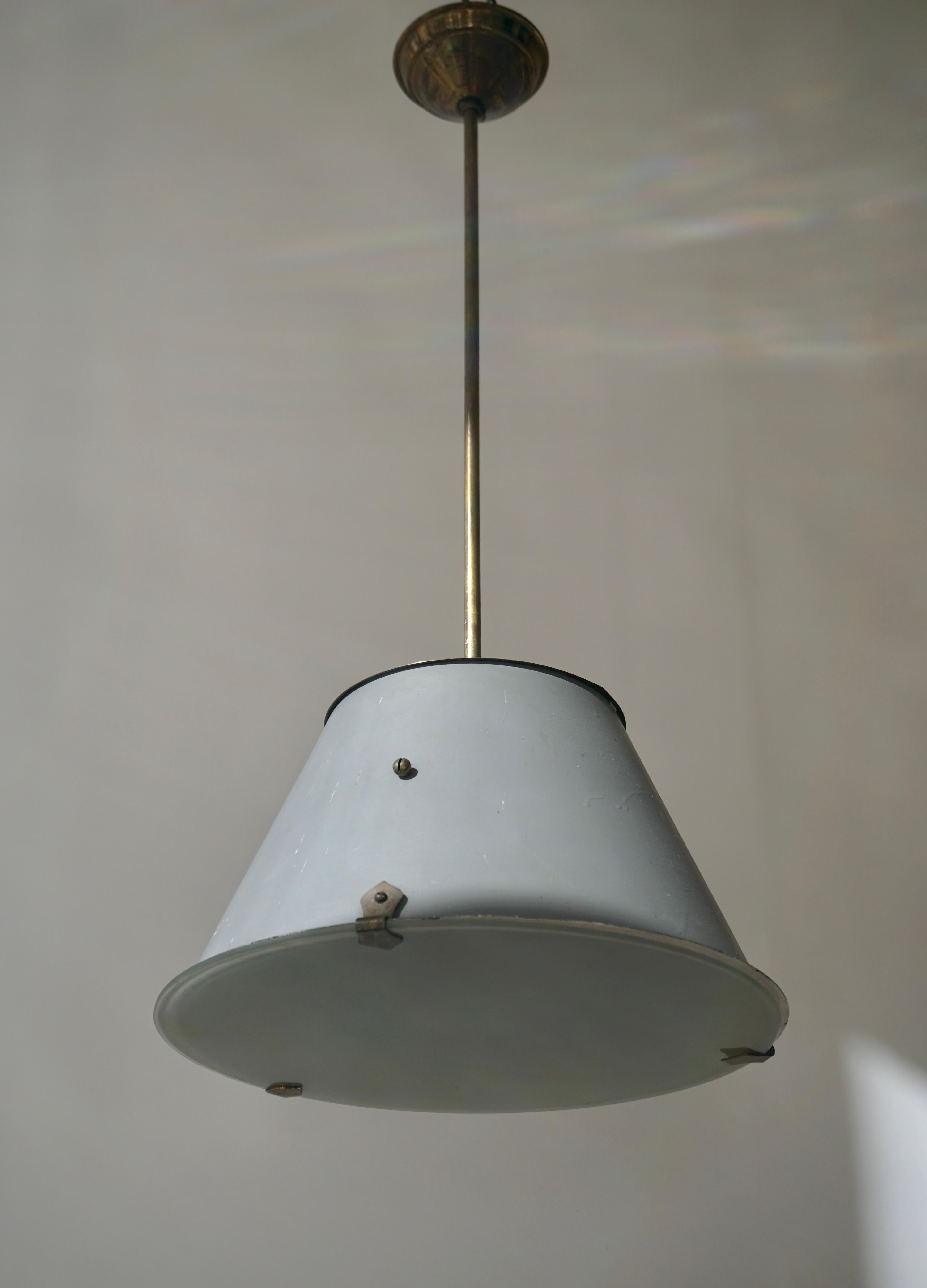 Three Industrial Art Deco Pendant Lights in Brass and Glass For Sale 4