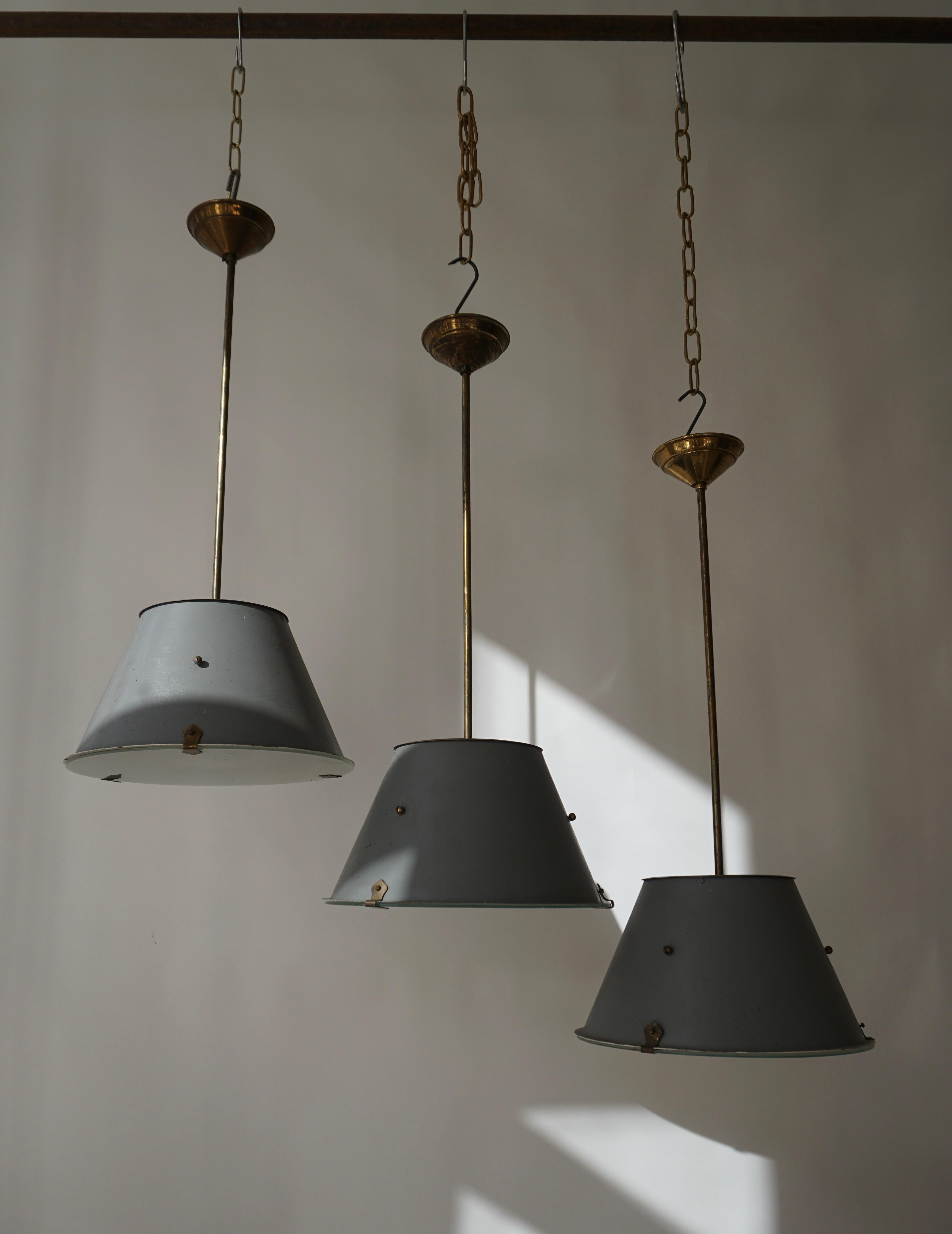 Three Industrial Art Deco Pendant Lights in Brass and Glass For Sale 8