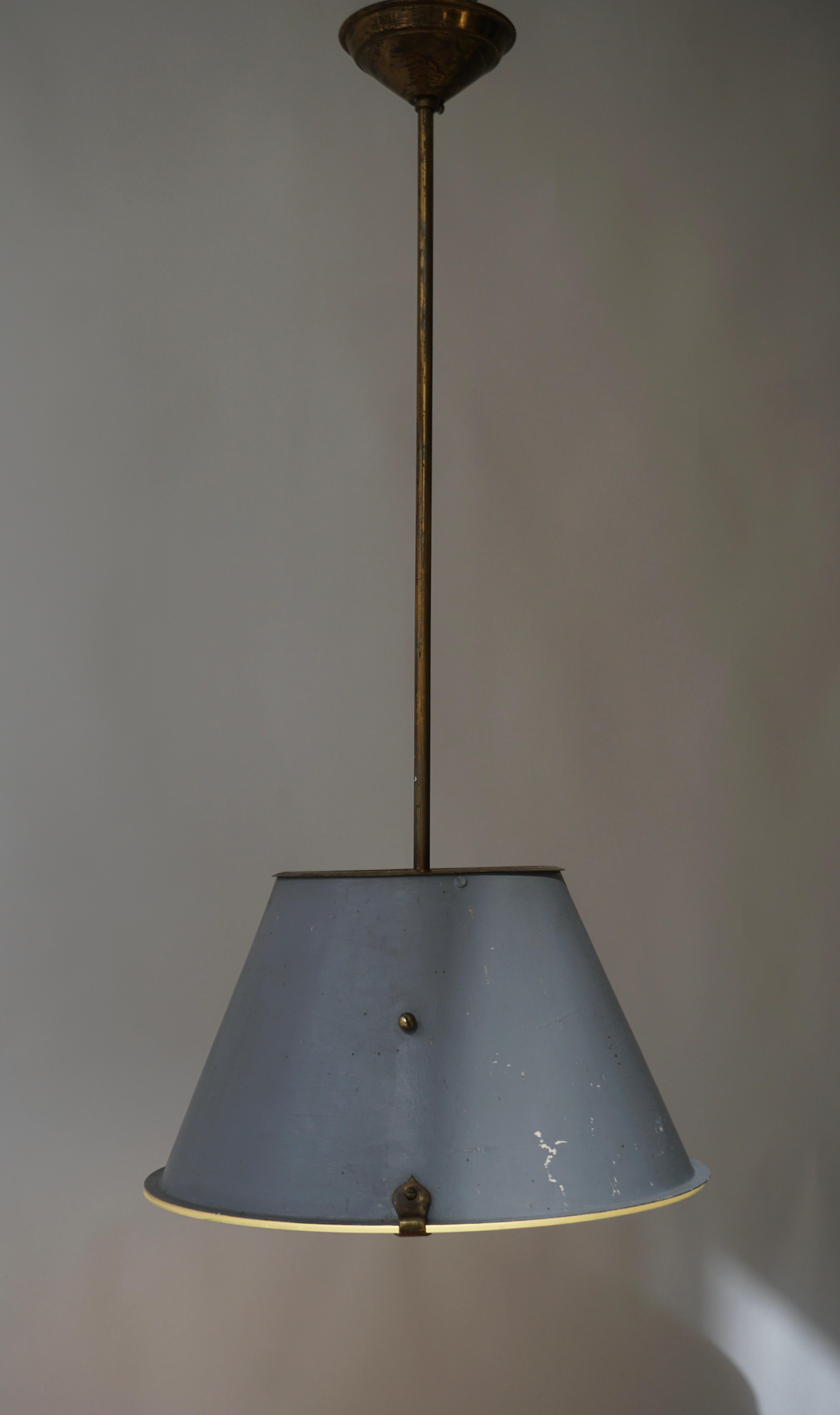 Belgian Three Industrial Art Deco Pendant Lights in Brass and Glass For Sale