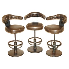 THREE INDUSTRIAL STEEL BROWN LEATHER CHESTERFIELD SWIVEL KITCHEN BAR STOOLs