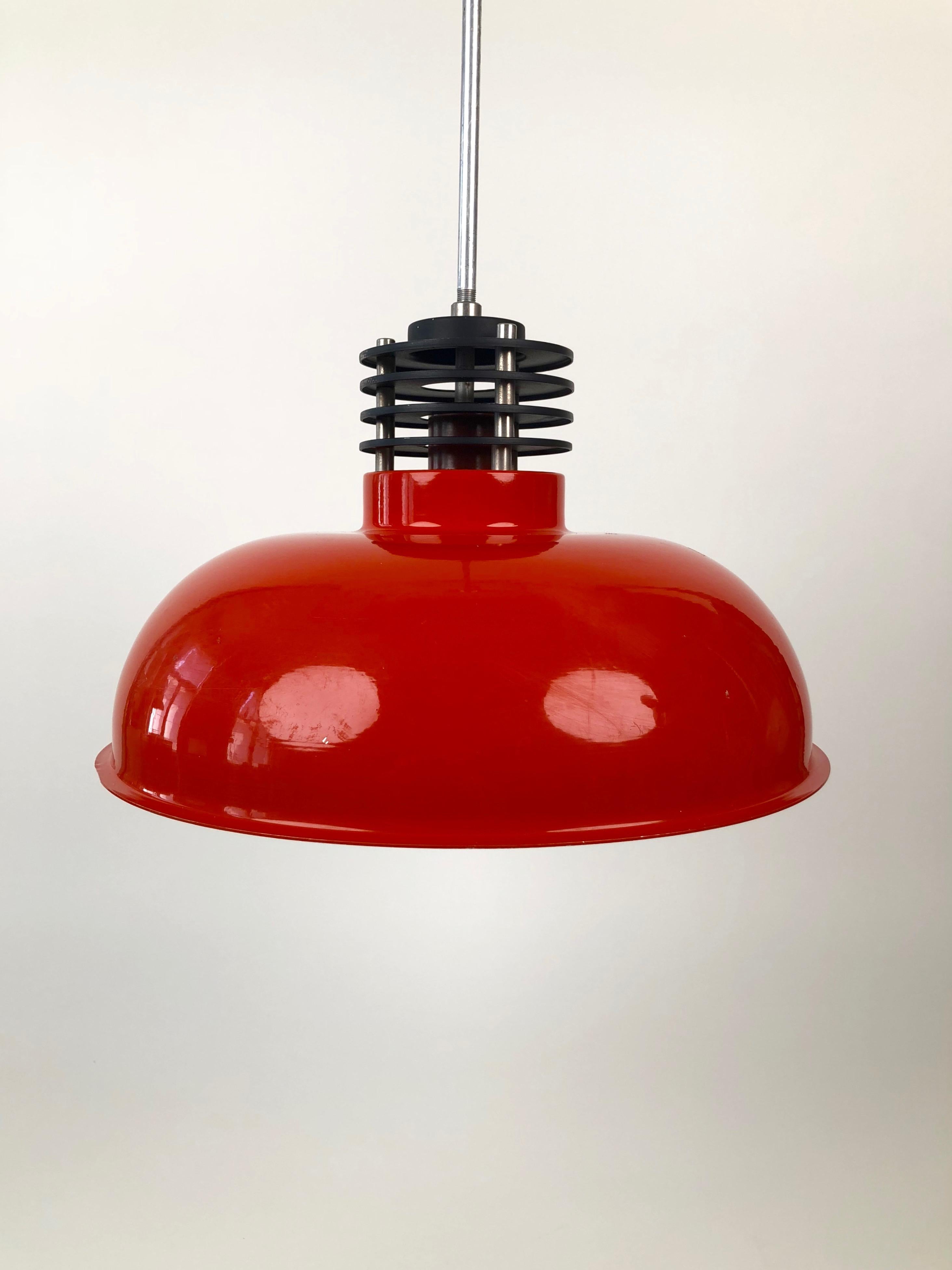 Enameled Three Industrial Styled Pendant Lamps from Hungary in Burnt Orange from the 70s For Sale