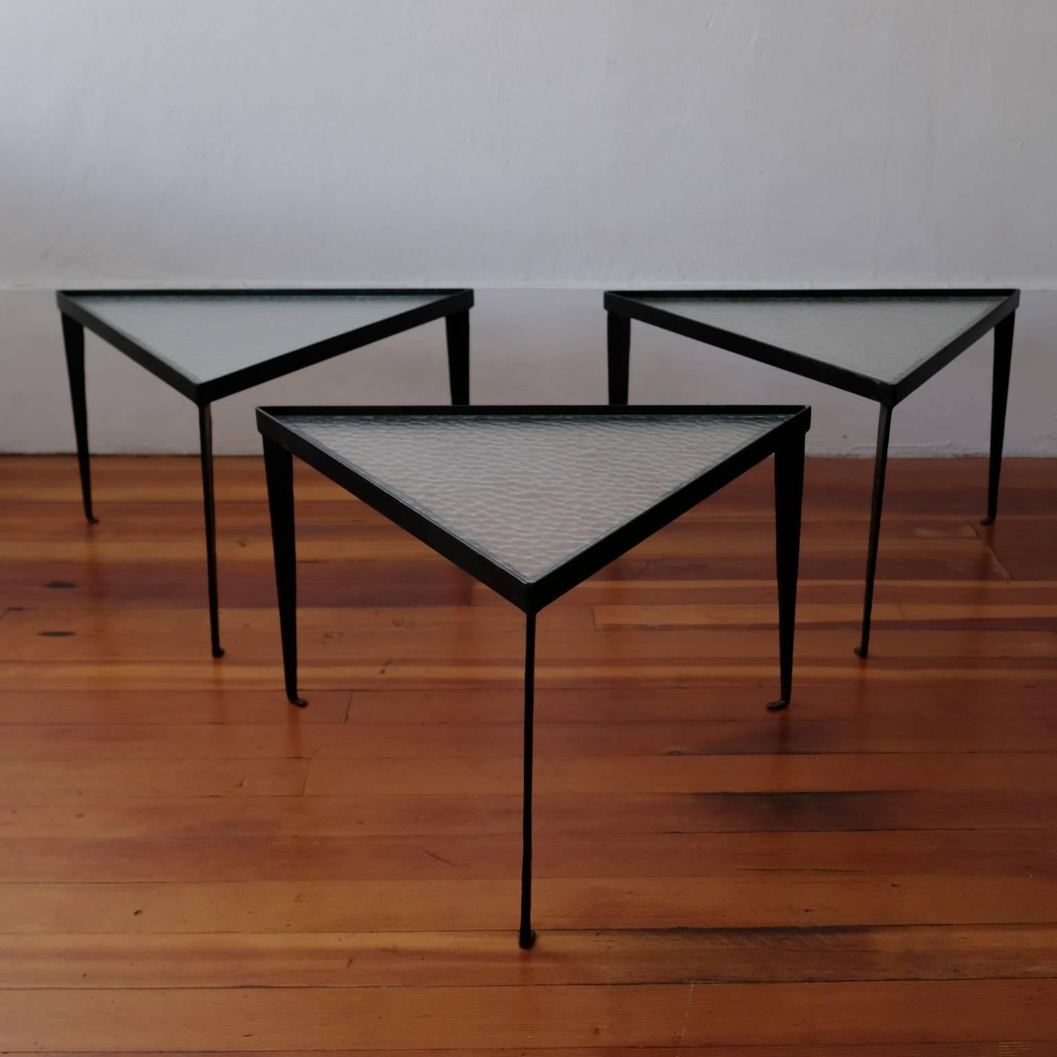 Three Iron and Glass Triangular Tables, 1950s In Good Condition In San Diego, CA