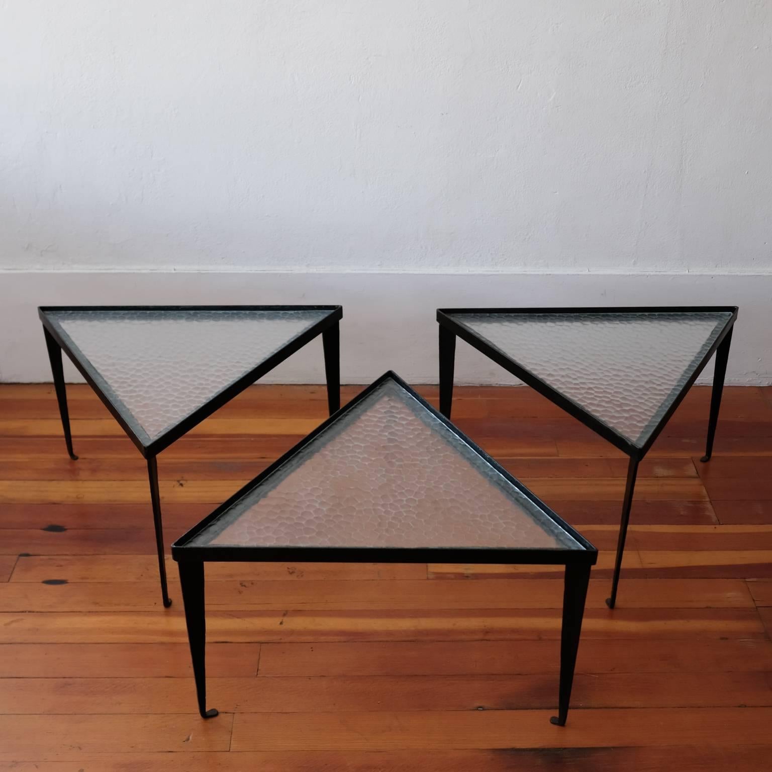 Mid-20th Century Three Iron and Glass Triangular Tables, 1950s