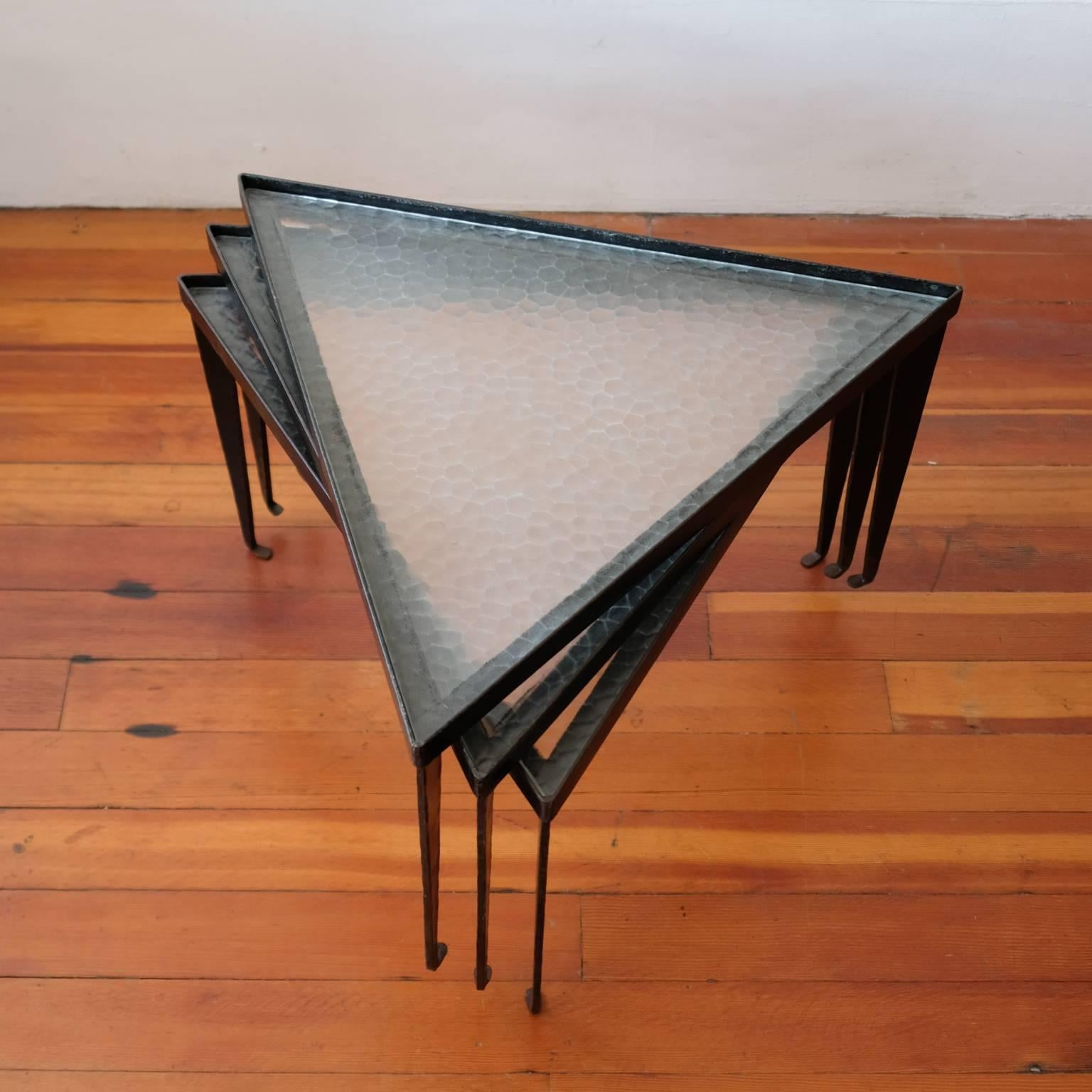 Three Iron and Glass Triangular Tables, 1950s 1