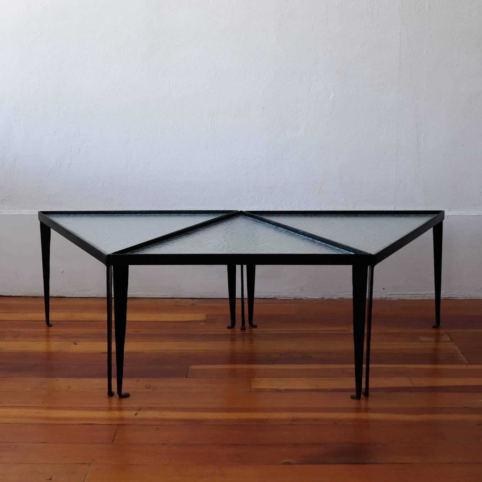 Three Iron and Glass Triangular Tables, 1950s 2
