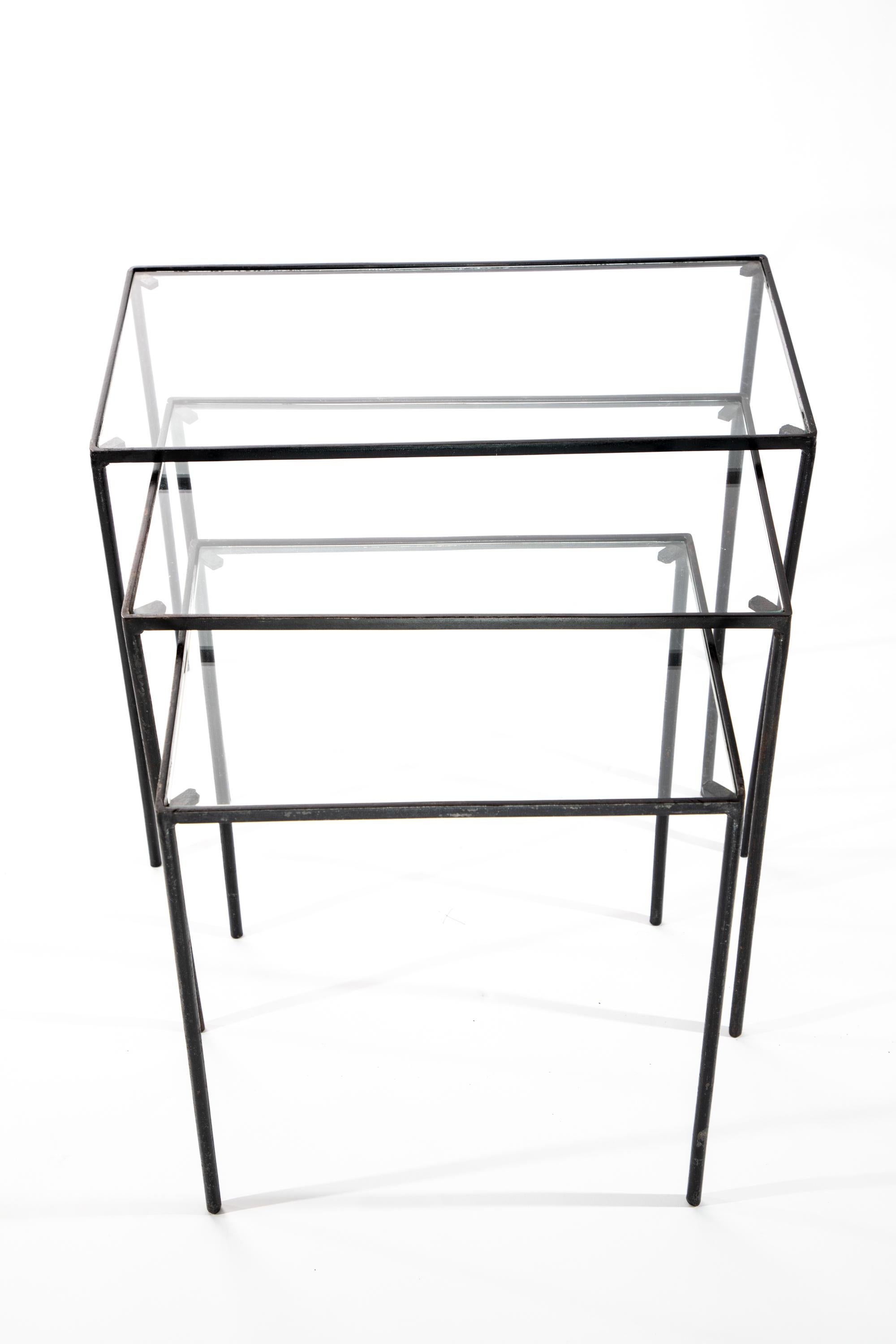 Glass Three Iron Nesting Tables in the Manner of Jean - Michel Frank For Sale