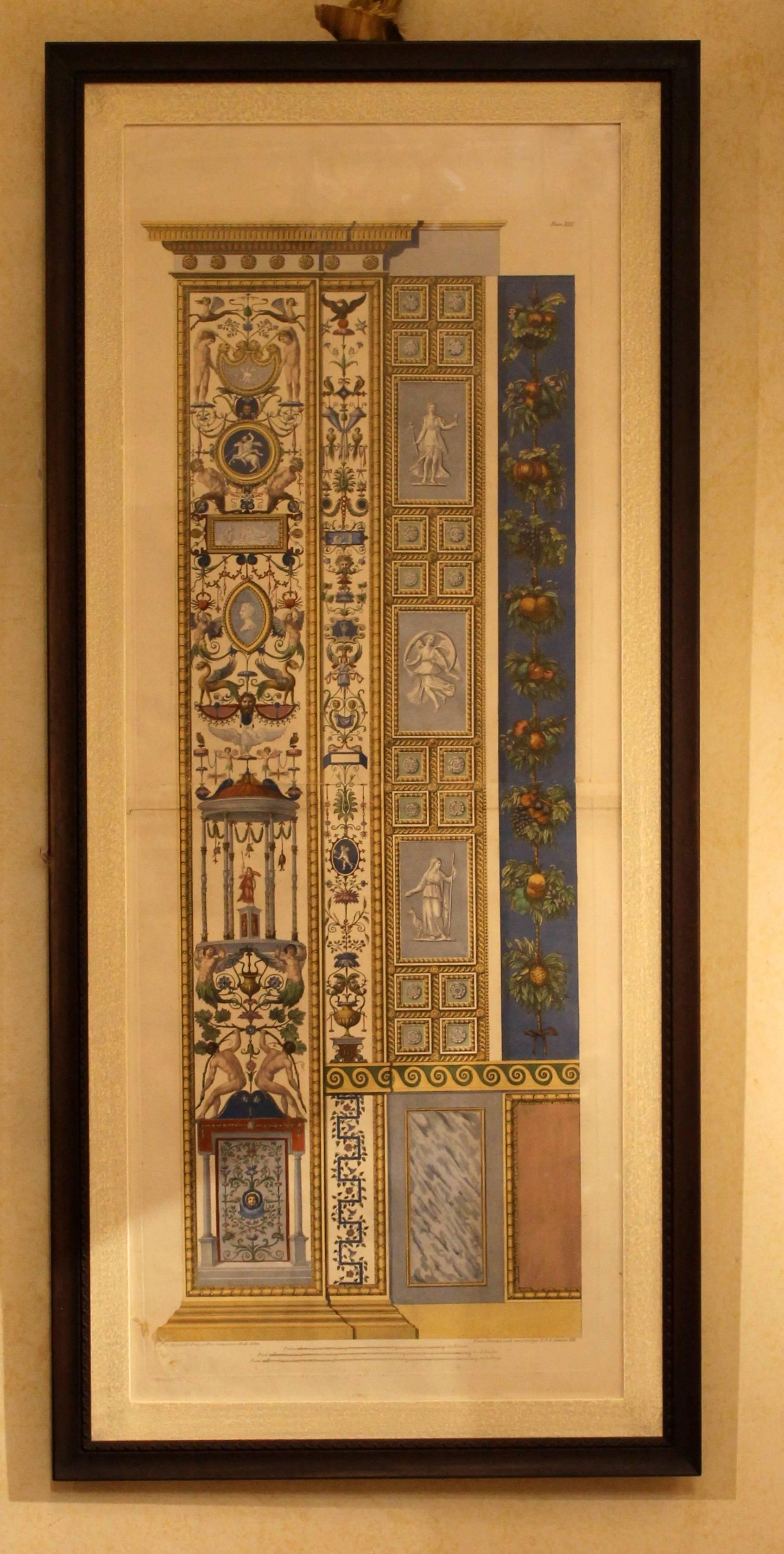 Hand-Painted Three Italian 18th Century Hand-Colored Engravings on Paper of Vatican Loggias