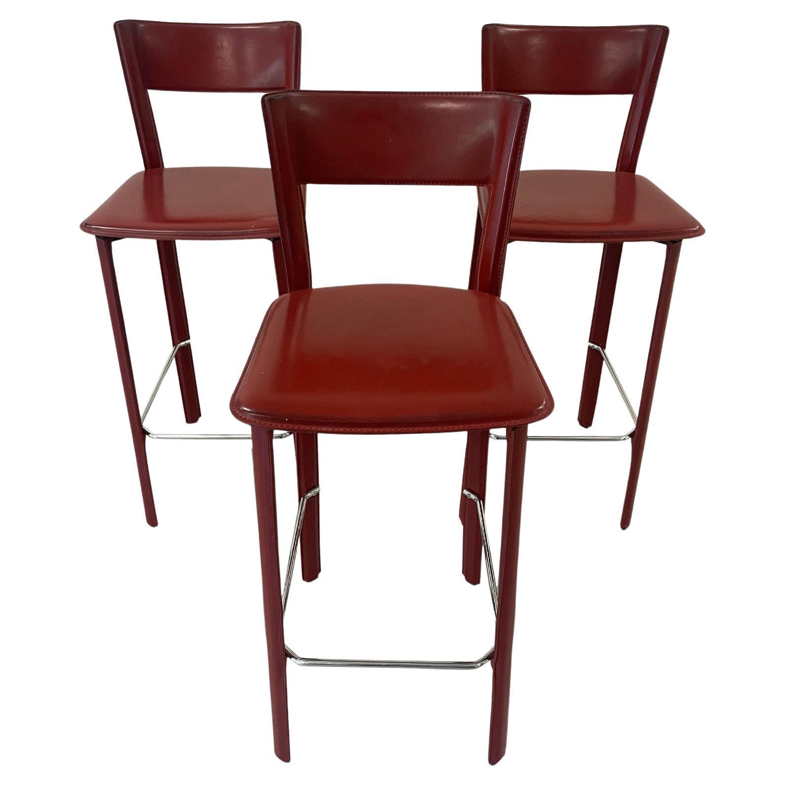 Three Italian Bottega Red Leather Stools by Frag For Sale