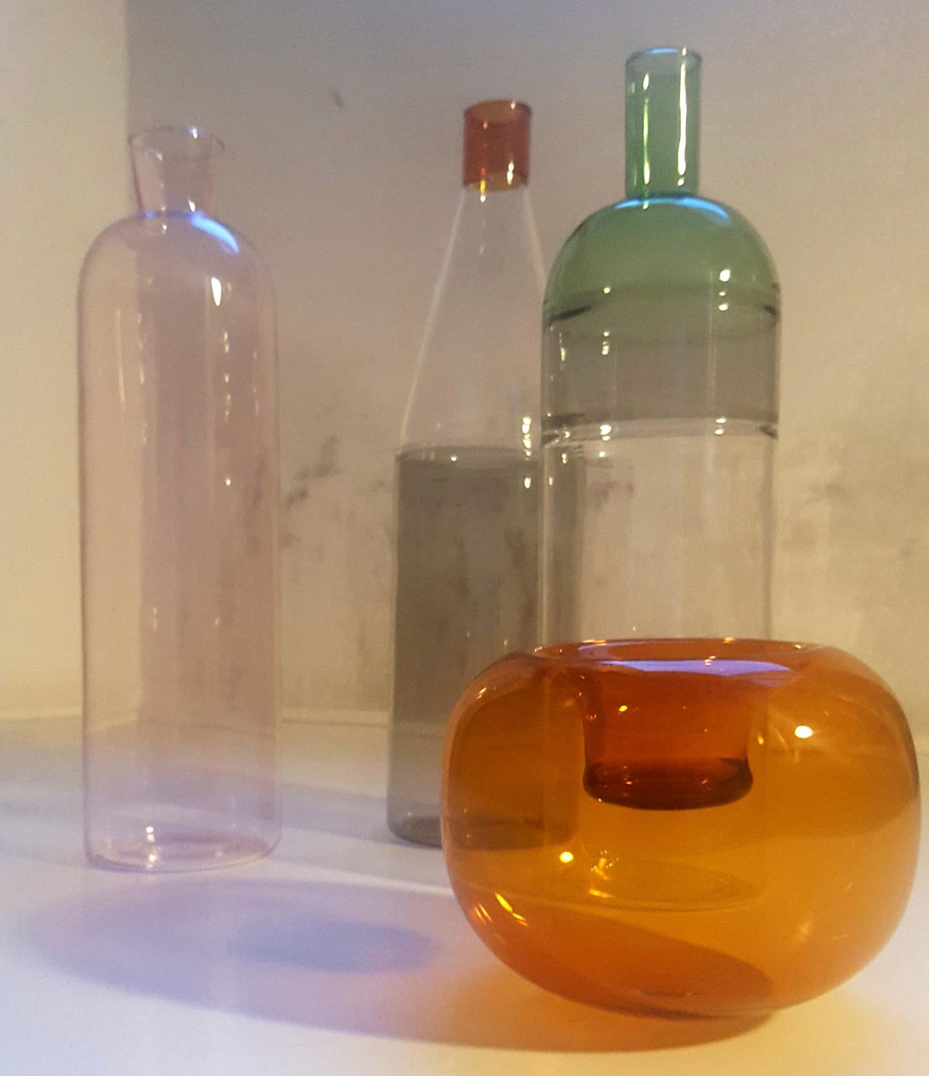 Three Italian Bottles in Blown Glass Colored in Pink Green Grey Orange, Milano 7