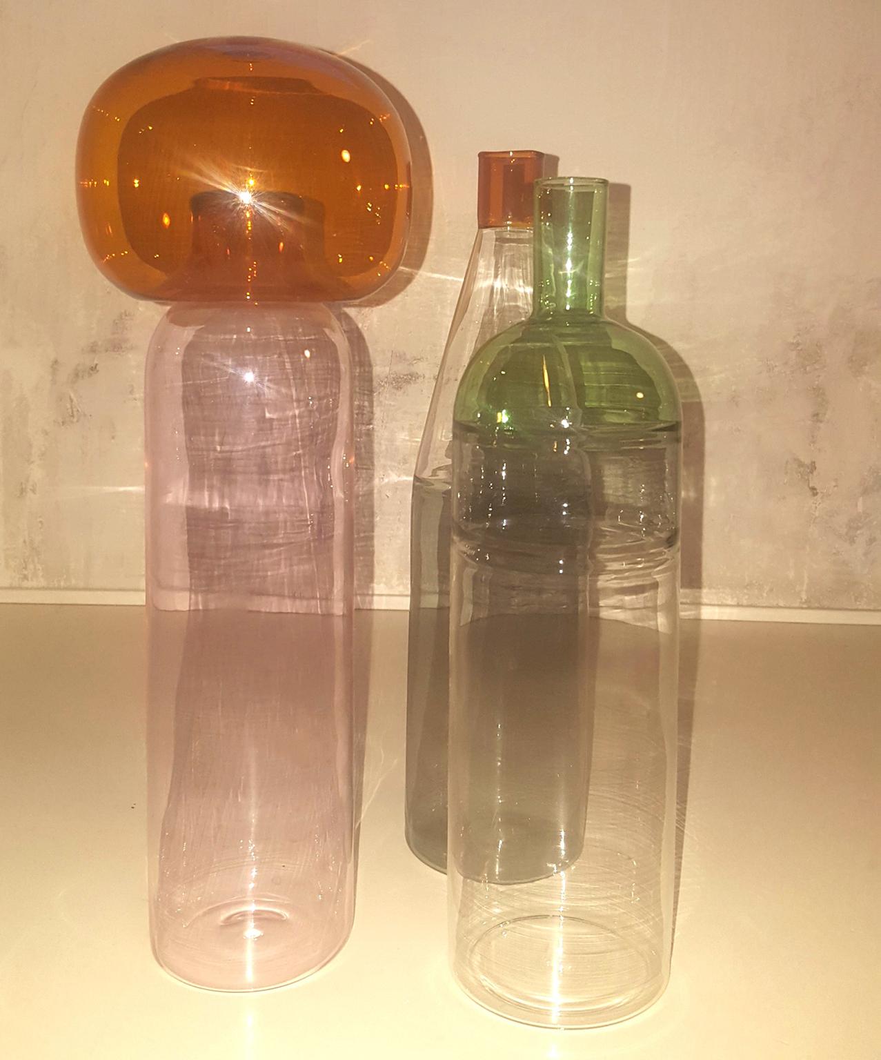 Three Italian Bottles in Blown Glass Colored in Pink Green Grey Orange, Milano 8