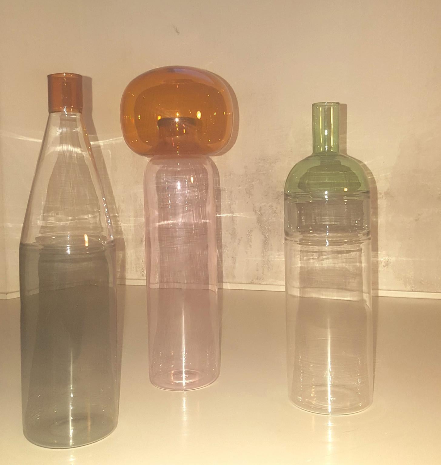 Three Italian Bottles in Blown Glass Colored in Pink Green Grey Orange, Milano 9
