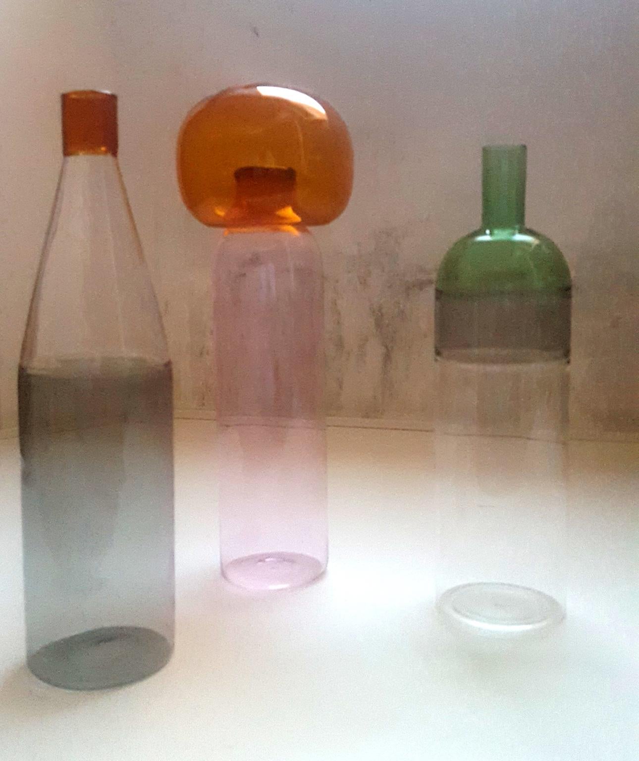 Three Italian Bottles in Blown Glass Colored in Pink Green Grey Orange, Milano 10