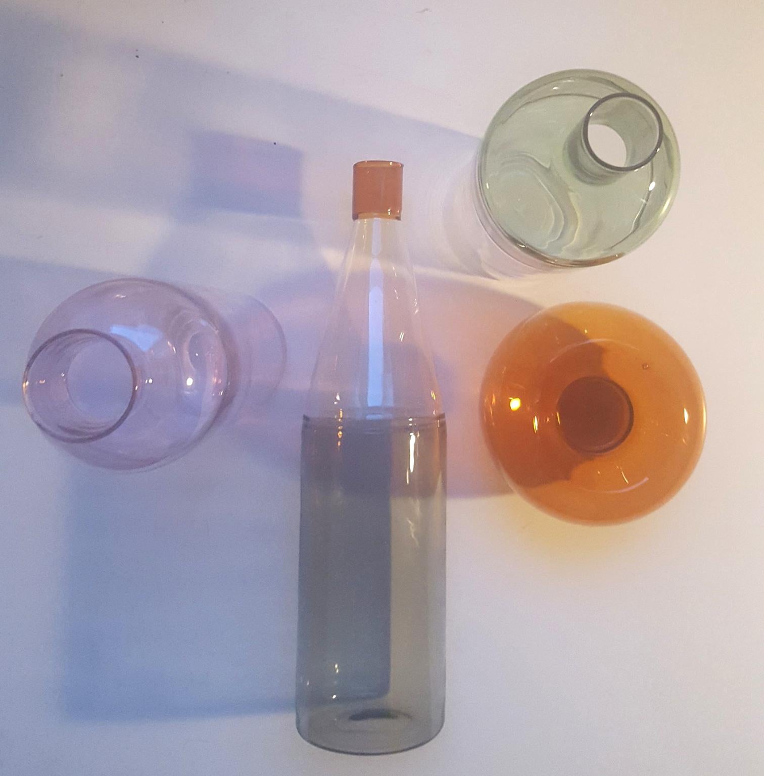 Modern Three Italian Bottles in Blown Glass Colored in Pink Green Grey Orange, Milano
