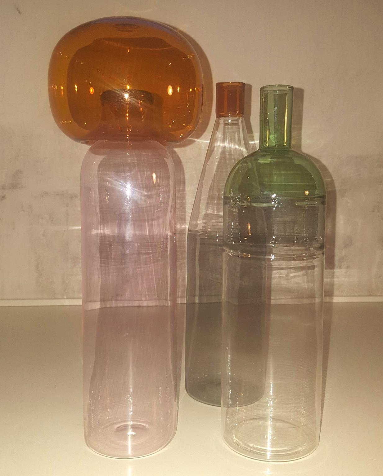 Contemporary Three Italian Bottles in Blown Glass Colored in Pink Green Grey Orange, Milano
