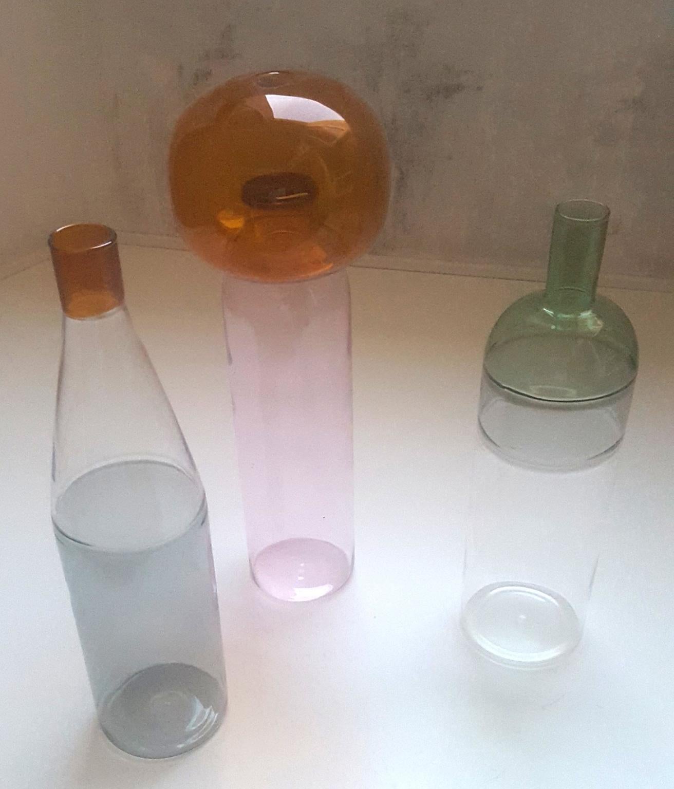 Three Italian Bottles in Blown Glass Colored in Pink Green Grey Orange, Milano 2