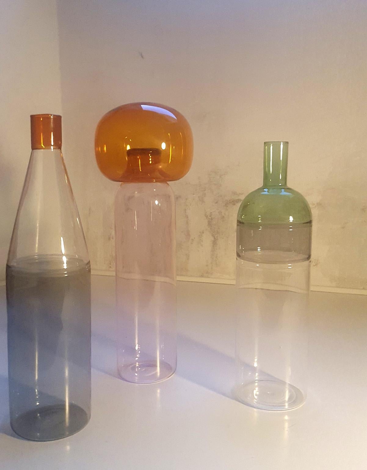 Three Italian Bottles in Blown Glass Colored in Pink Green Grey Orange, Milano 3