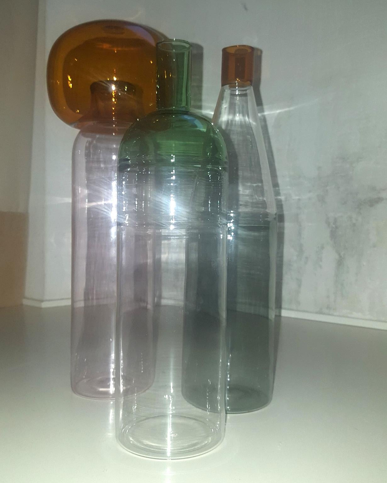 Three Italian Bottles in Blown Glass Colored in Pink Green Grey Orange, Milano 4