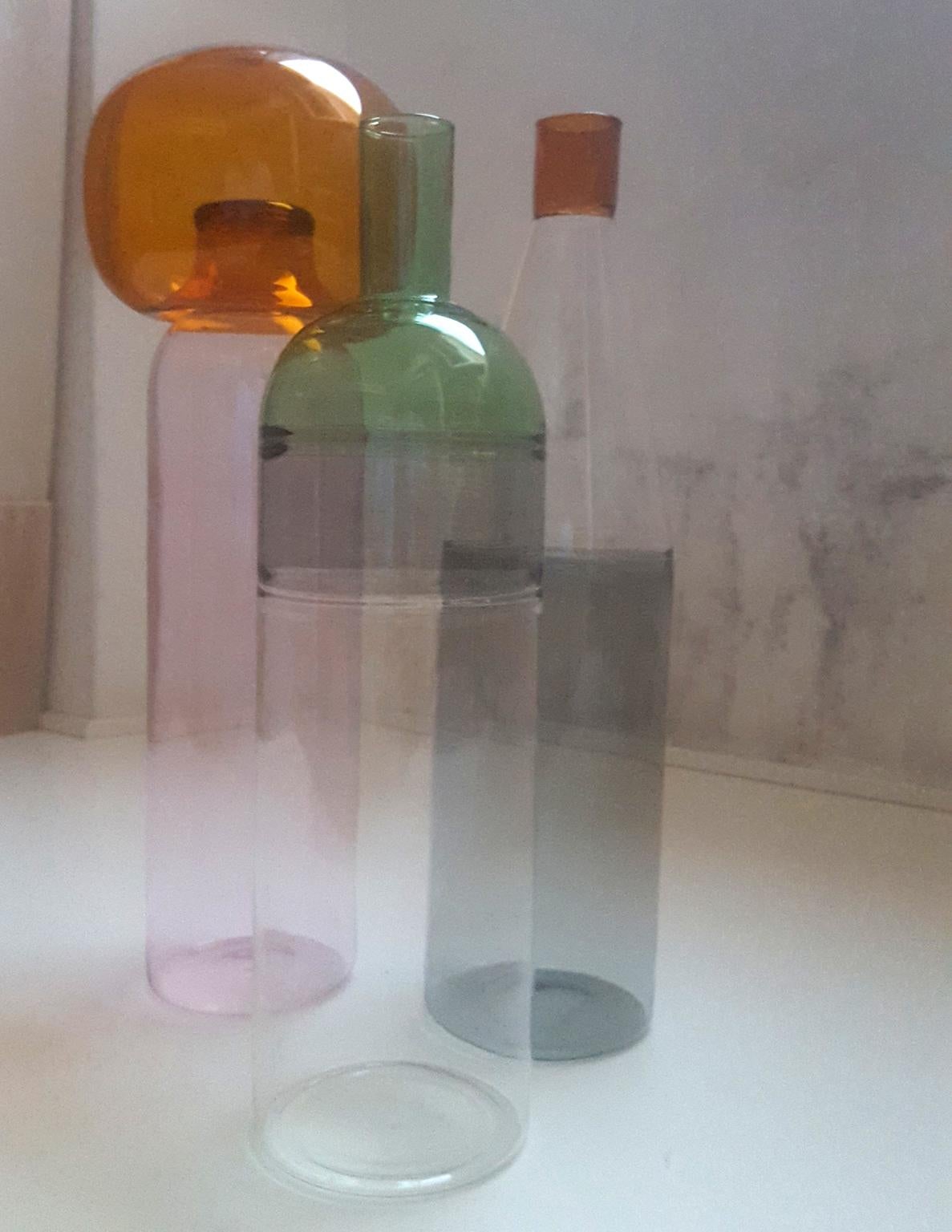 Three Italian Bottles in Blown Glass Colored in Pink Green Grey Orange, Milano 5