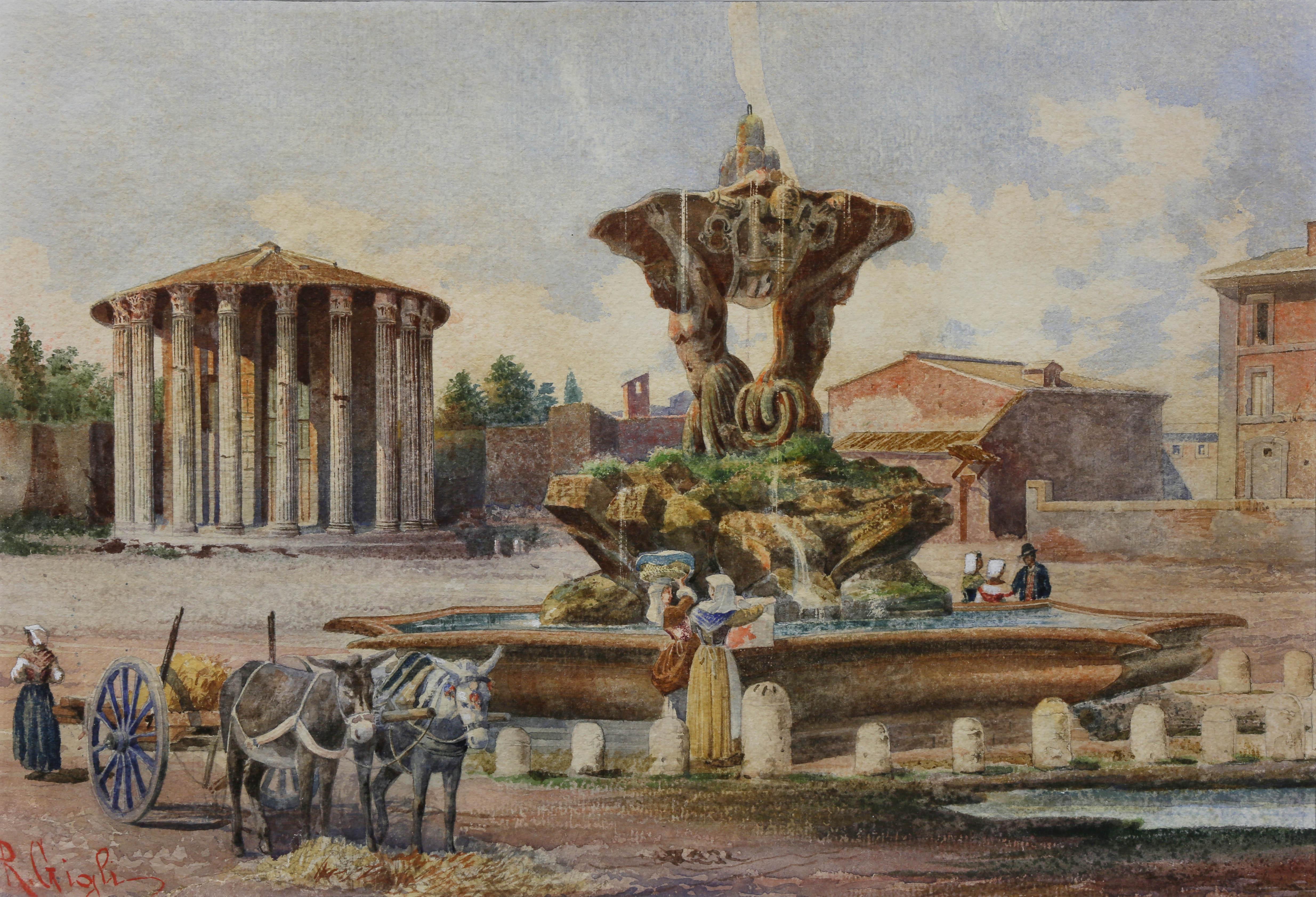 Grand Tour Three Italian Framed Watercolors of Scenes of Rome For Sale