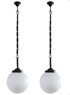 Three Italian Hand Blown Opaline Glass Pendants - 2 Globes 13.75" - 1 Globe 12"