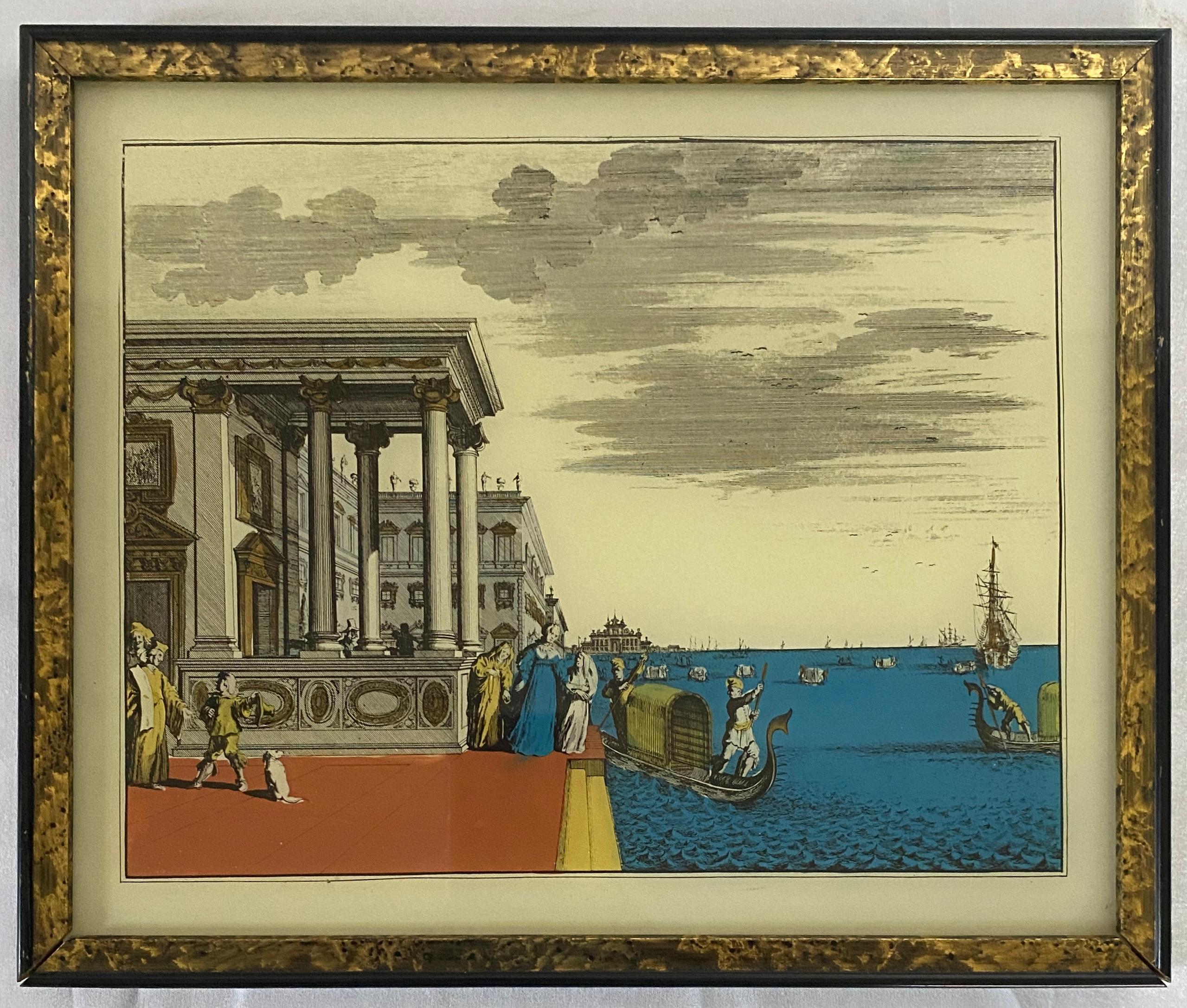 Three Italian Hand Colored Engraving Prints with Metallic Embellishments For Sale 1