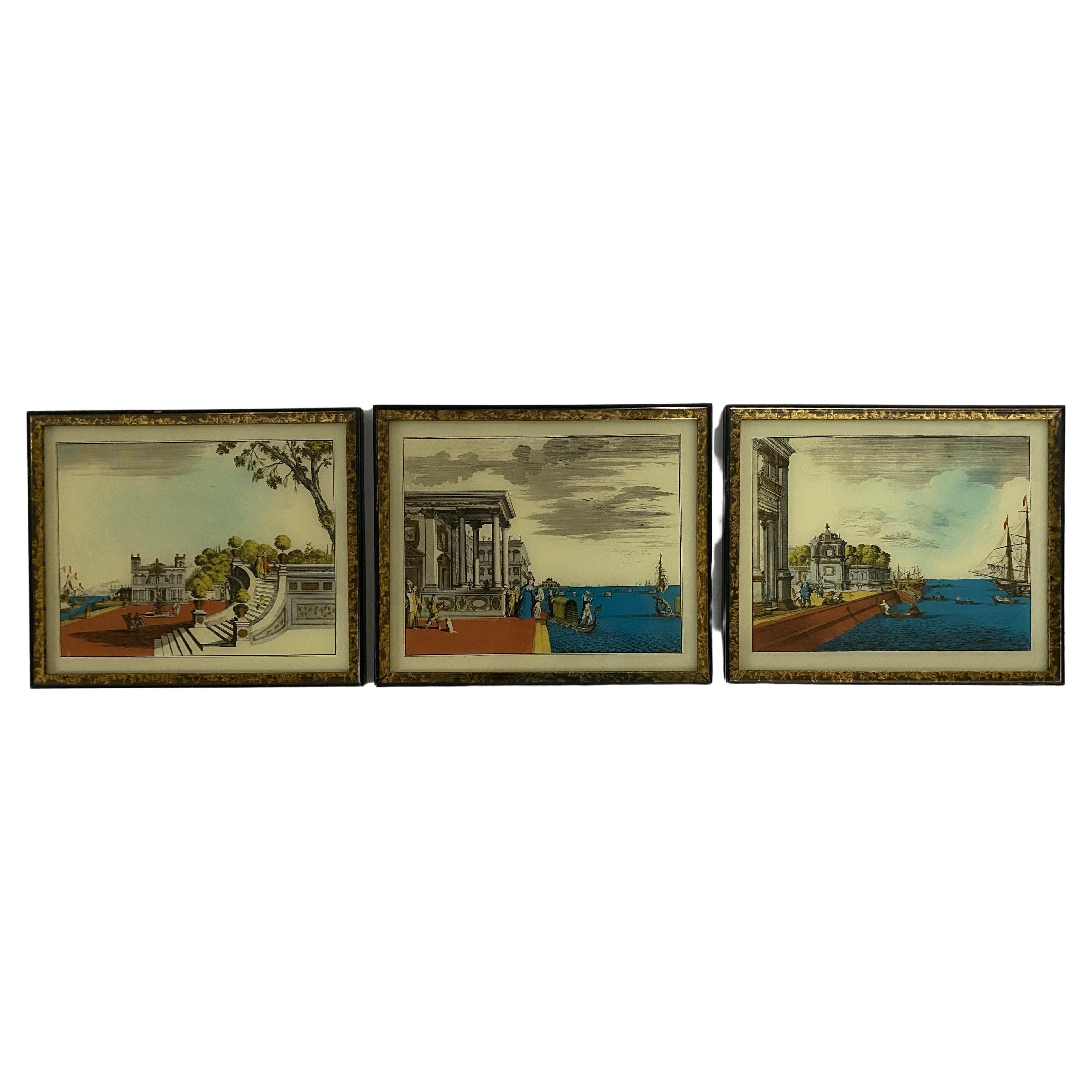 Three Italian Hand Colored Engraving Prints with Metallic Embellishments For Sale