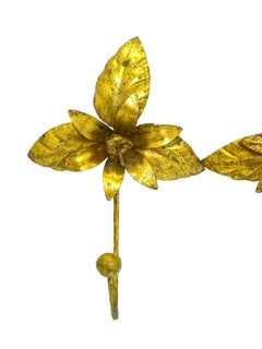Three Italian Hollywood Regency Gilt Metal Flower Coat Wall Hook, Toleware Tole